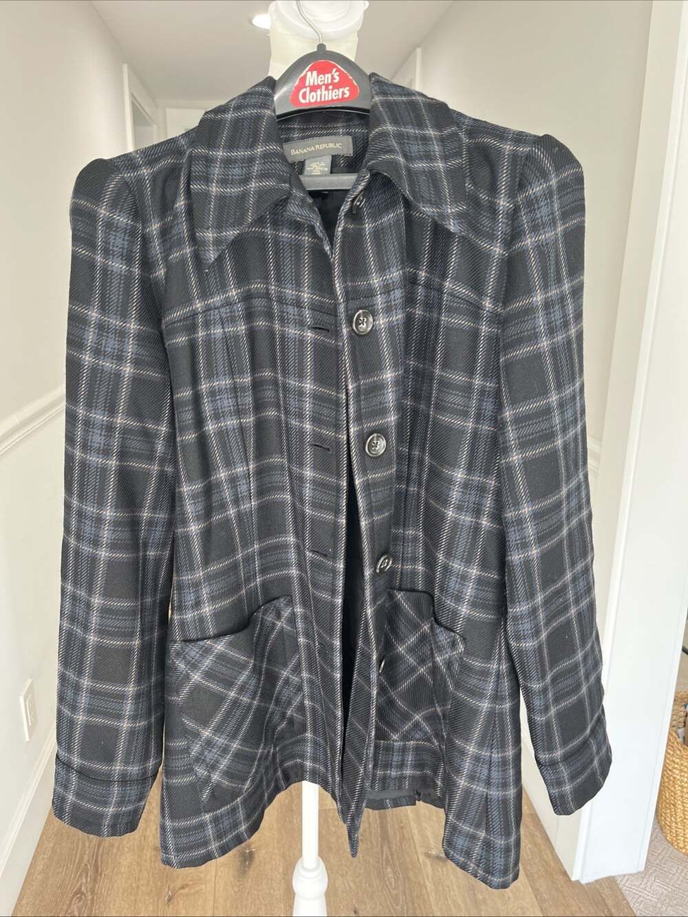 VTG BANANA REPUBLIC Women PLAID Blazer Worsted Wool PREPPY NAVY Hong Kong Size S
